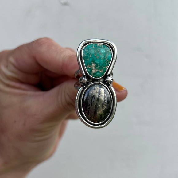 Emerald Valley Turquoise+ Apache Gold + Sterling Silver Ring • Size 7.5