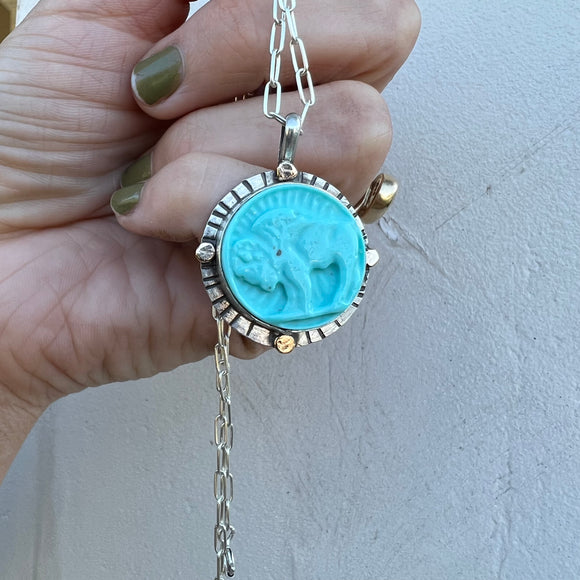 Turquoise Buffalo Nickel + Sterling Silver + 14k Gold Pendant