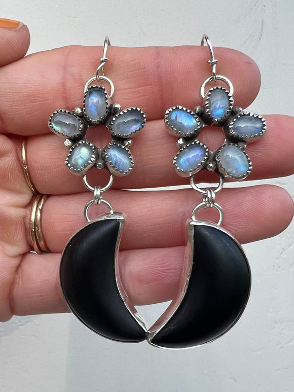 Matte Onyx and Moonstone + Sterling Silver Earrings